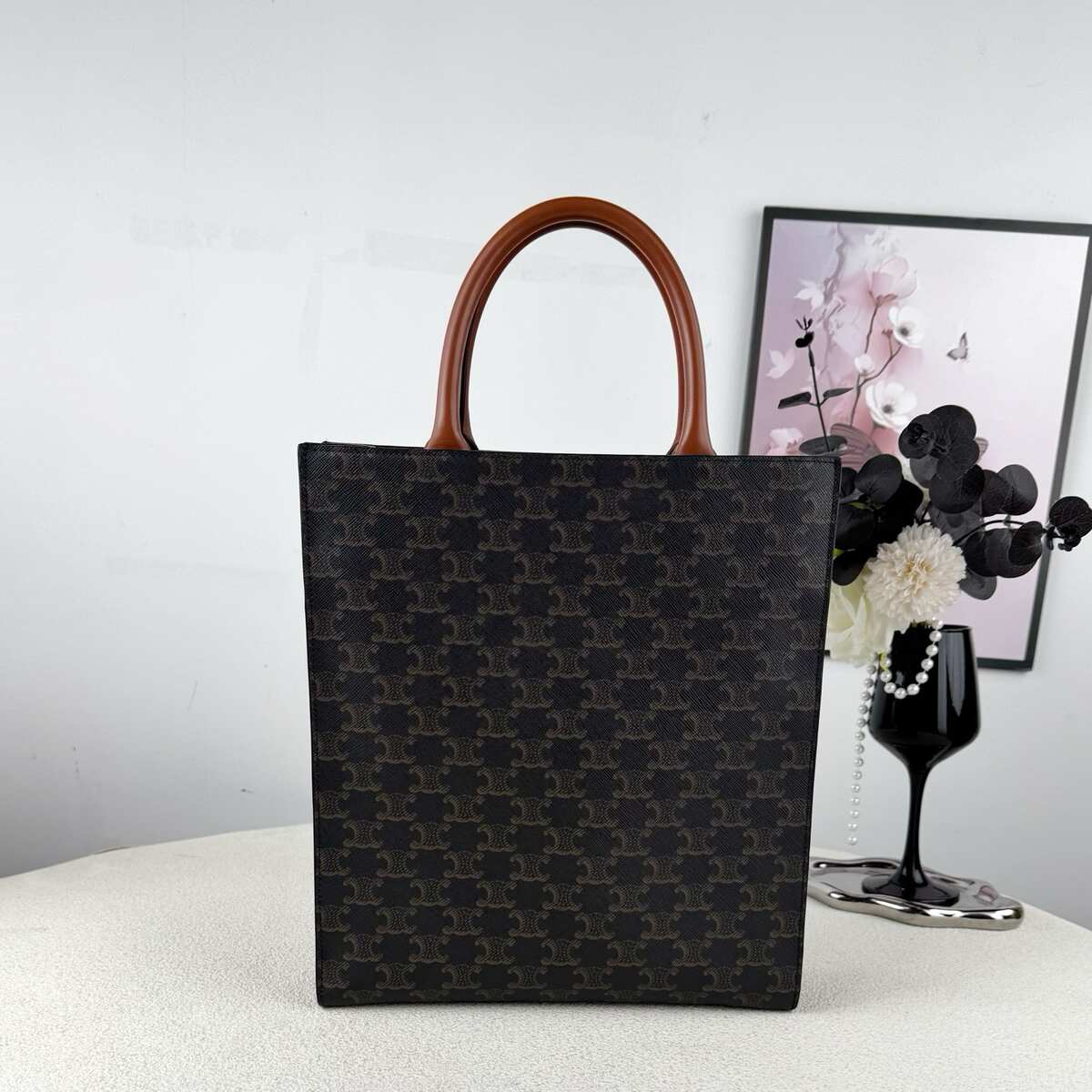 Celine Small Vertical Cabas Tote, Triomphe Monogram Coated Canvas & Calfskin Trim, Detachable Crossbody Strap
