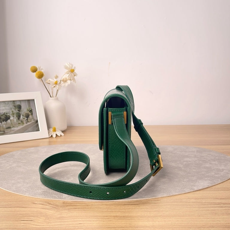 YSL Medium Solferino Shoulder Bag, Green Lizard Embossed Calfskin, Antique Gold-tone YSL Logo Hardware