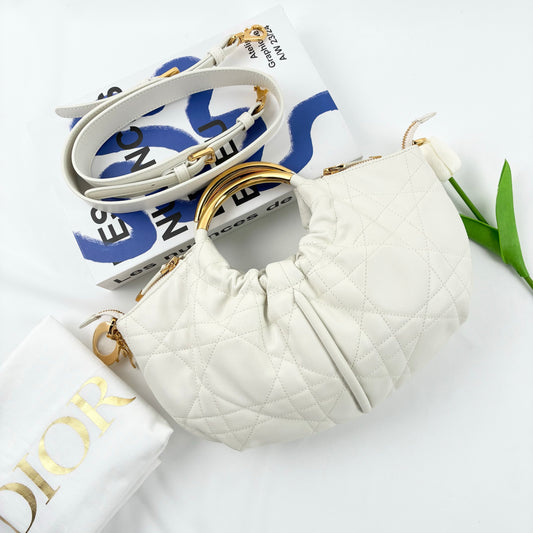 Dior Medium DiorDream Hobo Bag, White Quilted Cannage Suede, Gold Metal Handle Hardware
