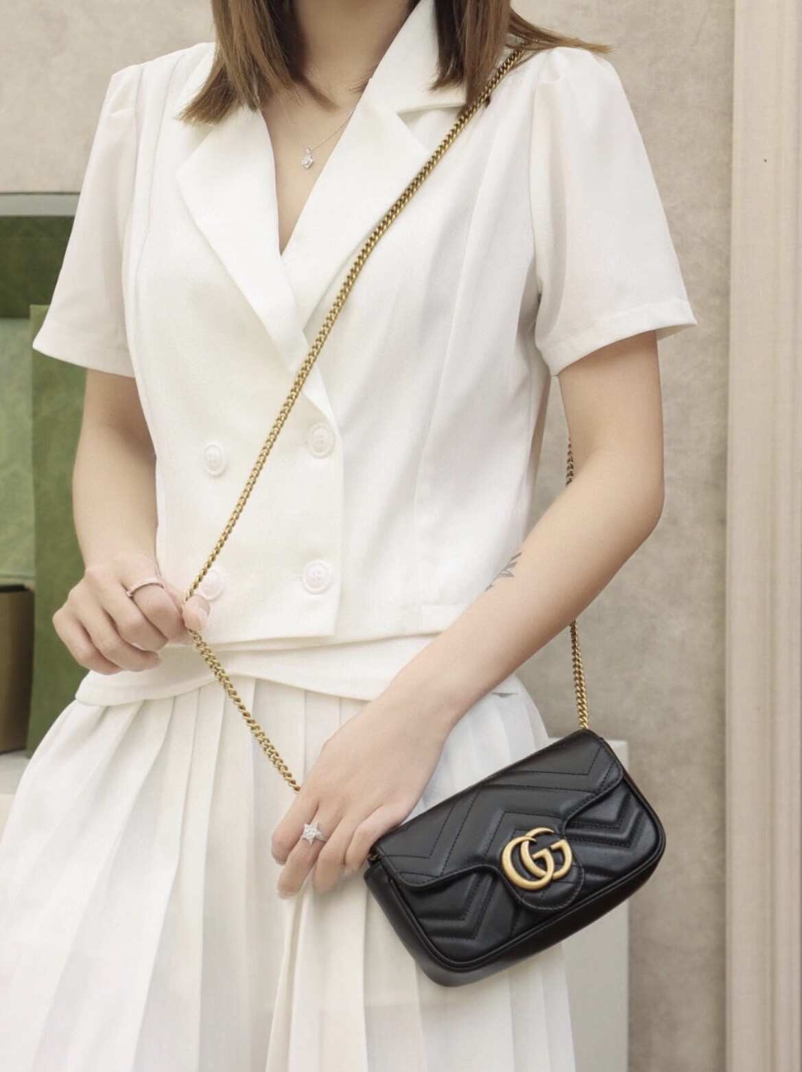 Gucci Super Mini GG Marmont Shoulder Bag, Black Chevron Quilted Matelassé Calfskin, Antique Gold Double G Hardware