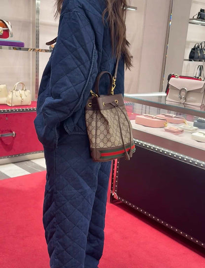 Gucci Ophidia Mini Bucket Crossbody Bag, GG Supreme Coated Canvas & Brown Leather Trim, Web Stripe Detail, Drawstring Closure with Detachable Shoulder Strap