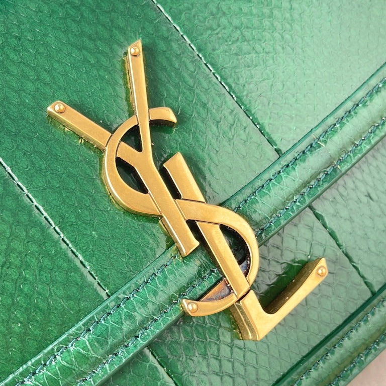 YSL Medium Solferino Shoulder Bag, Green Lizard Embossed Calfskin, Antique Gold-tone YSL Logo Hardware