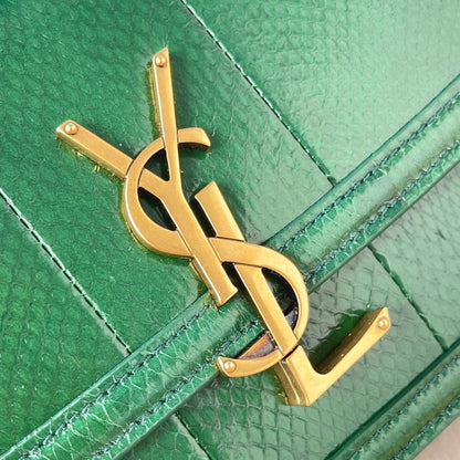 YSL Medium Solferino Shoulder Bag, Green Lizard Embossed Calfskin, Antique Gold-tone YSL Logo Hardware