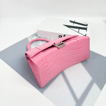Balenciaga Small Hourglass Top Handle Bag, Pink Shiny Crocodile Embossed Calfskin, Silver Crystal B Logo Hardware, Detachable Crossbody Strap