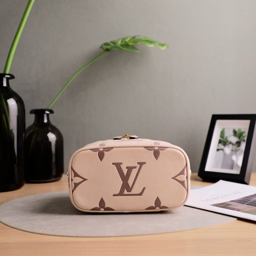 Louis Vuitton Mini Vanity Case, Giant Monogram Empreinte Leather, Cream Dune, Top Handle with Detachable Chain & Leather Crossbody Strap