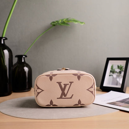 Louis Vuitton Mini Vanity Case, Giant Monogram Empreinte Leather, Cream Dune, Top Handle with Detachable Chain & Leather Crossbody Strap