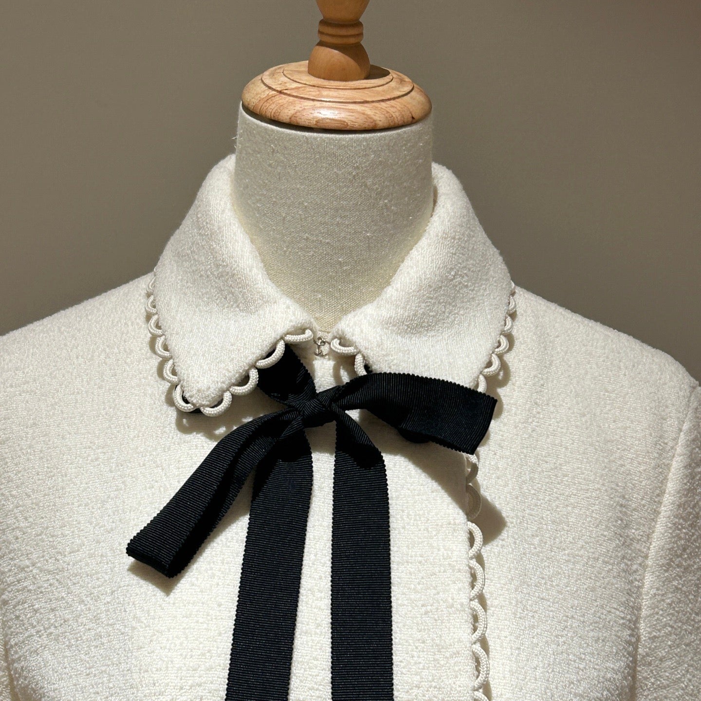 Dior White Wool Tweed Two-Piece Set, Lace Trim Jacket & Mini Skirt with Black Bow & Button Details