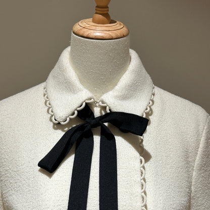 Dior White Wool Tweed Two-Piece Set, Lace Trim Jacket & Mini Skirt with Black Bow & Button Details