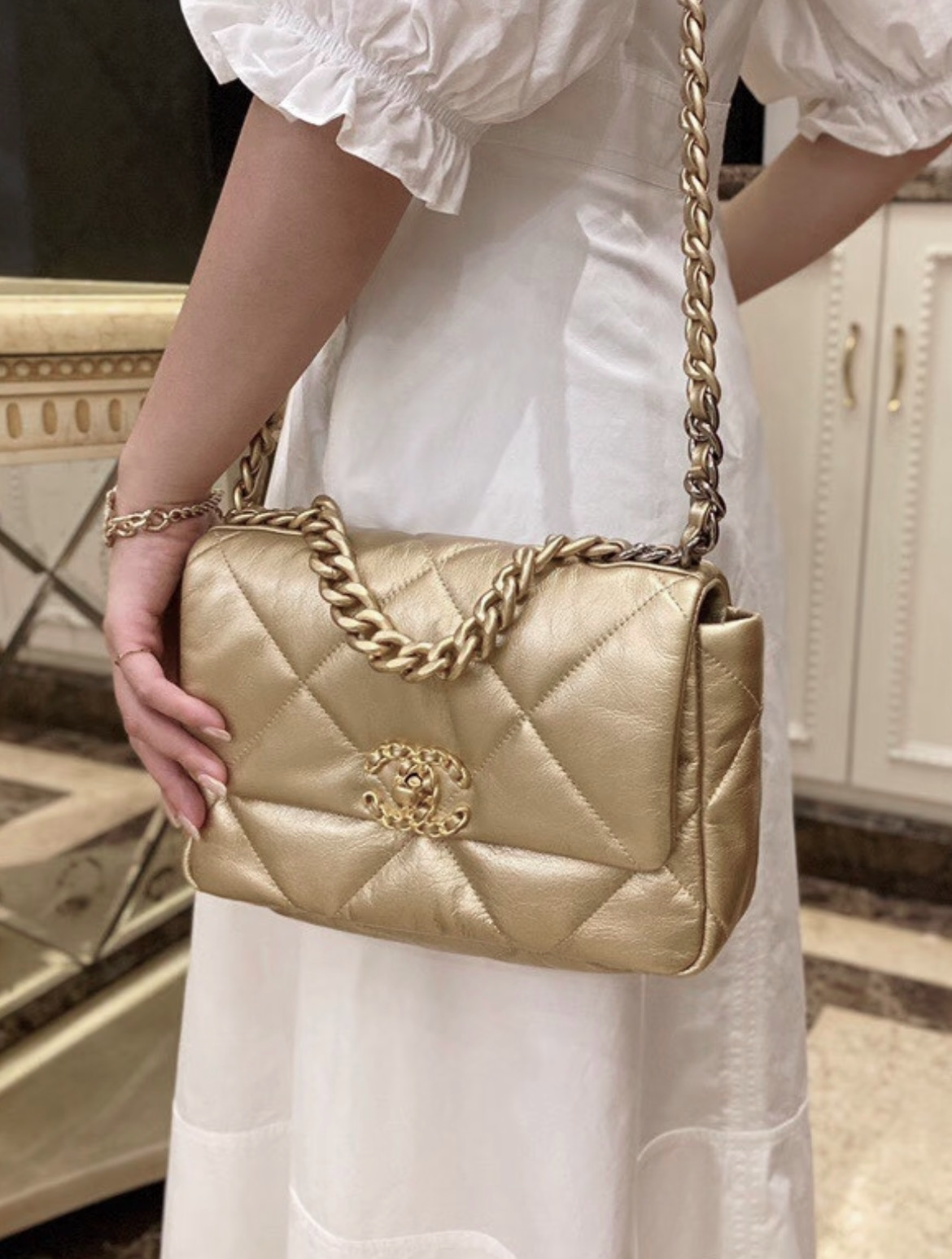 Chanel Small 19 Flap Bag, Metallic Goatskin, Mixed Gold/Silver Tone Hardware