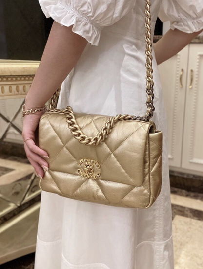 Chanel Small 19 Flap Bag, Metallic Goatskin, Mixed Gold/Silver Tone Hardware