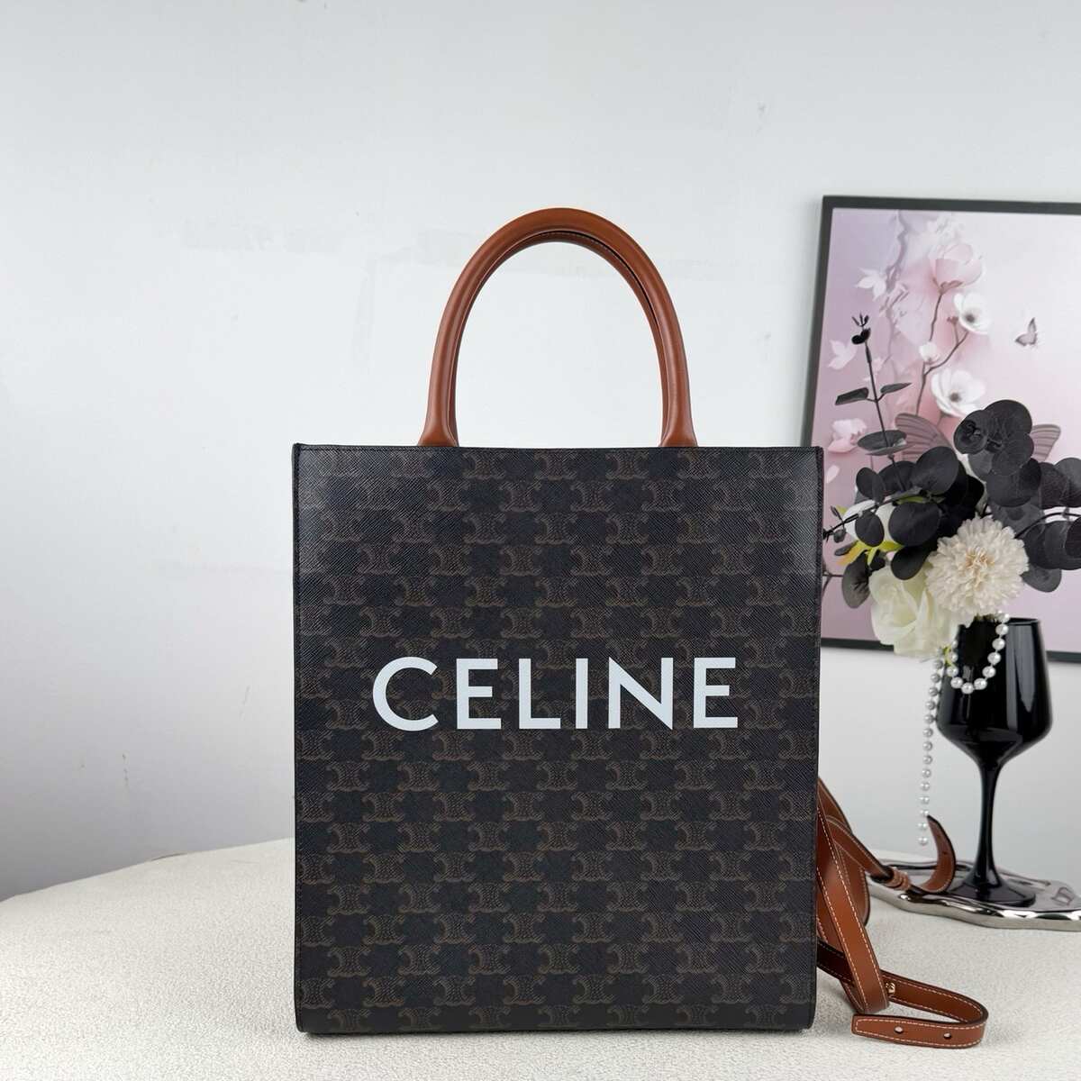 Celine Small Vertical Cabas Tote, Triomphe Monogram Coated Canvas & Calfskin Trim, Detachable Crossbody Strap