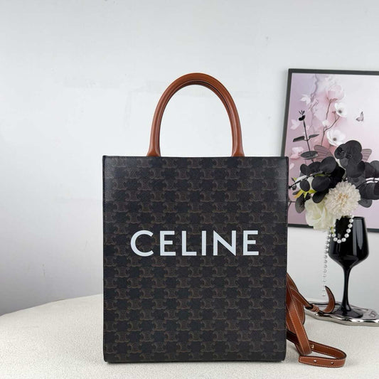 Celine Small Vertical Cabas Tote, Triomphe Monogram Coated Canvas & Calfskin Trim, Detachable Crossbody Strap