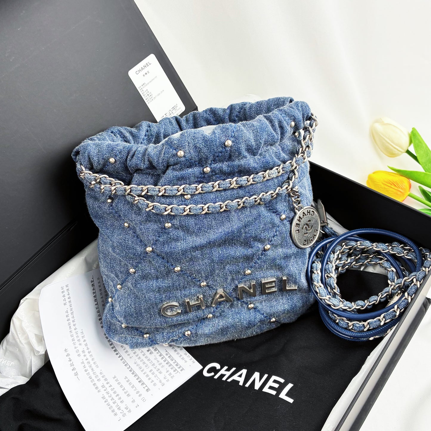 Chanel Mini 22 Handbag, Washed Denim with Stud Detail, Silver-Tone Metal Hardware（24S Collection）