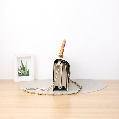 Gucci Ottilia Bamboo Top Handle Shoulder Bag, Off-White Calfskin with Snake Skin Inlay, Insect Print Motif, Gold Bee Hardware & Crystal Chain Strap