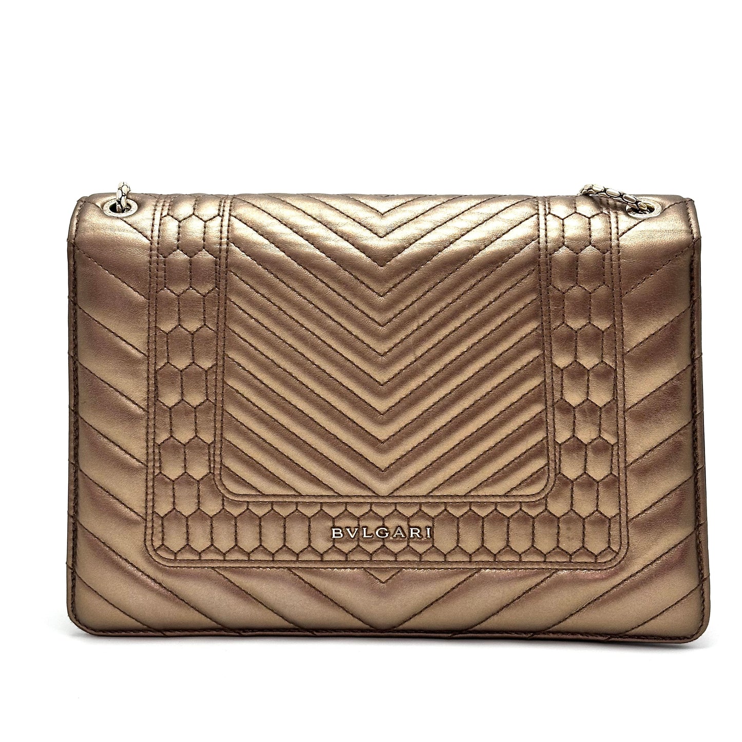 Bvlgari Medium Serpenti Forever Shoulder Bag, Metallic Gold Chevron Quilted Calfskin, Limited Edition Enamel Snake Head Clasp
