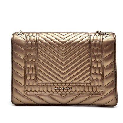 Bvlgari Medium Serpenti Forever Shoulder Bag, Metallic Gold Chevron Quilted Calfskin, Limited Edition Enamel Snake Head Clasp