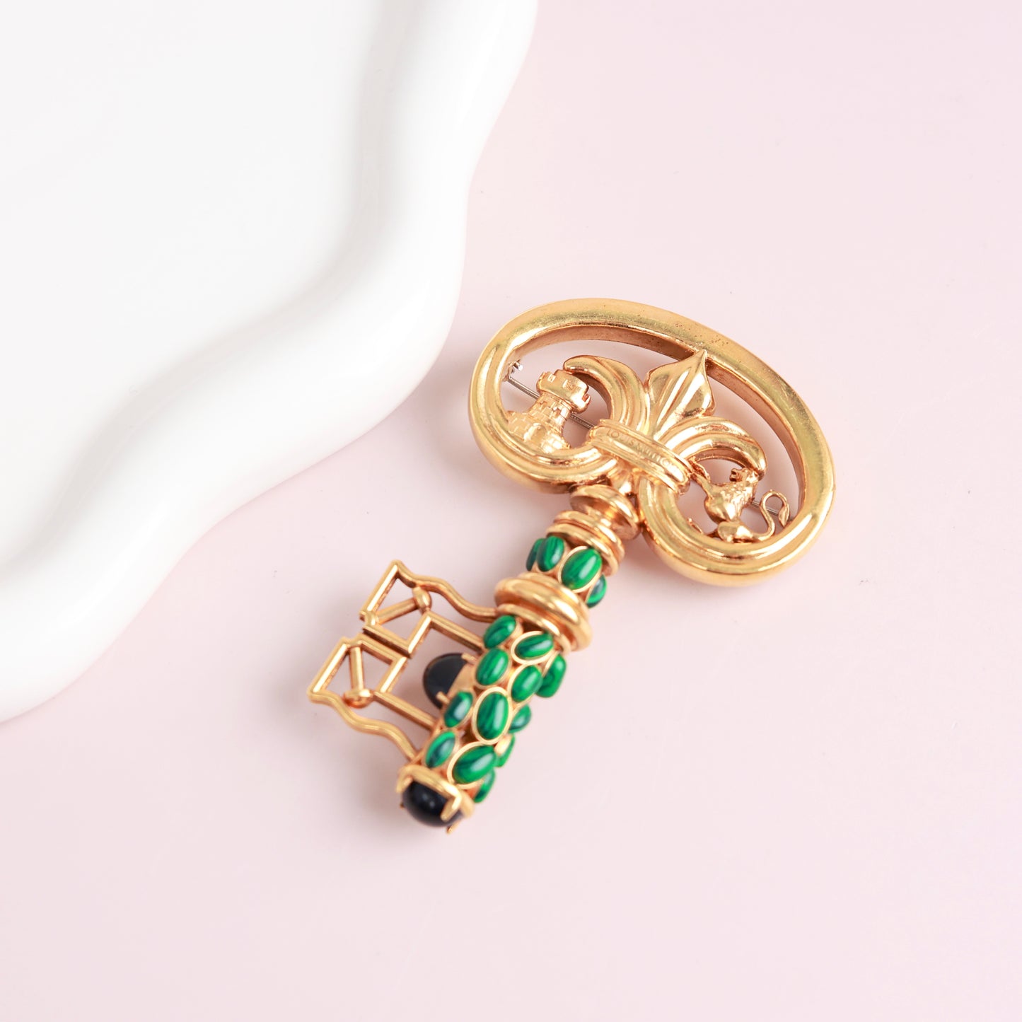 Louis Vuitton × Fornasetti Limited Edition Antique Key Convertible Brooch & Pendant Necklace, Gold Metal with Malachite Inlay, Ancient Greek Motif