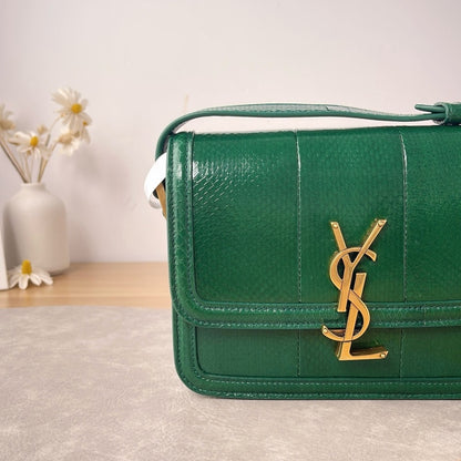 YSL Medium Solferino Shoulder Bag, Green Lizard Embossed Calfskin, Antique Gold-tone YSL Logo Hardware