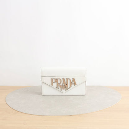 Prada Envelope Chain Shoulder Bag, White Smooth Calfskin, Large Metallic Gothic Logo Hardware