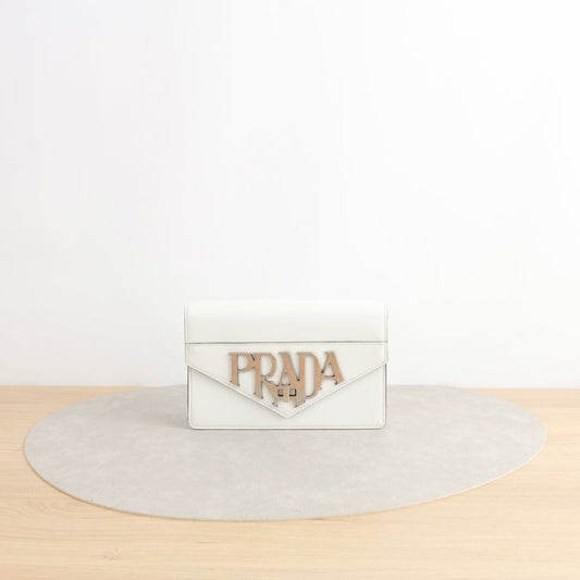 Prada Envelope Chain Shoulder Bag, White Smooth Calfskin, Large Metallic Gothic Logo Hardware