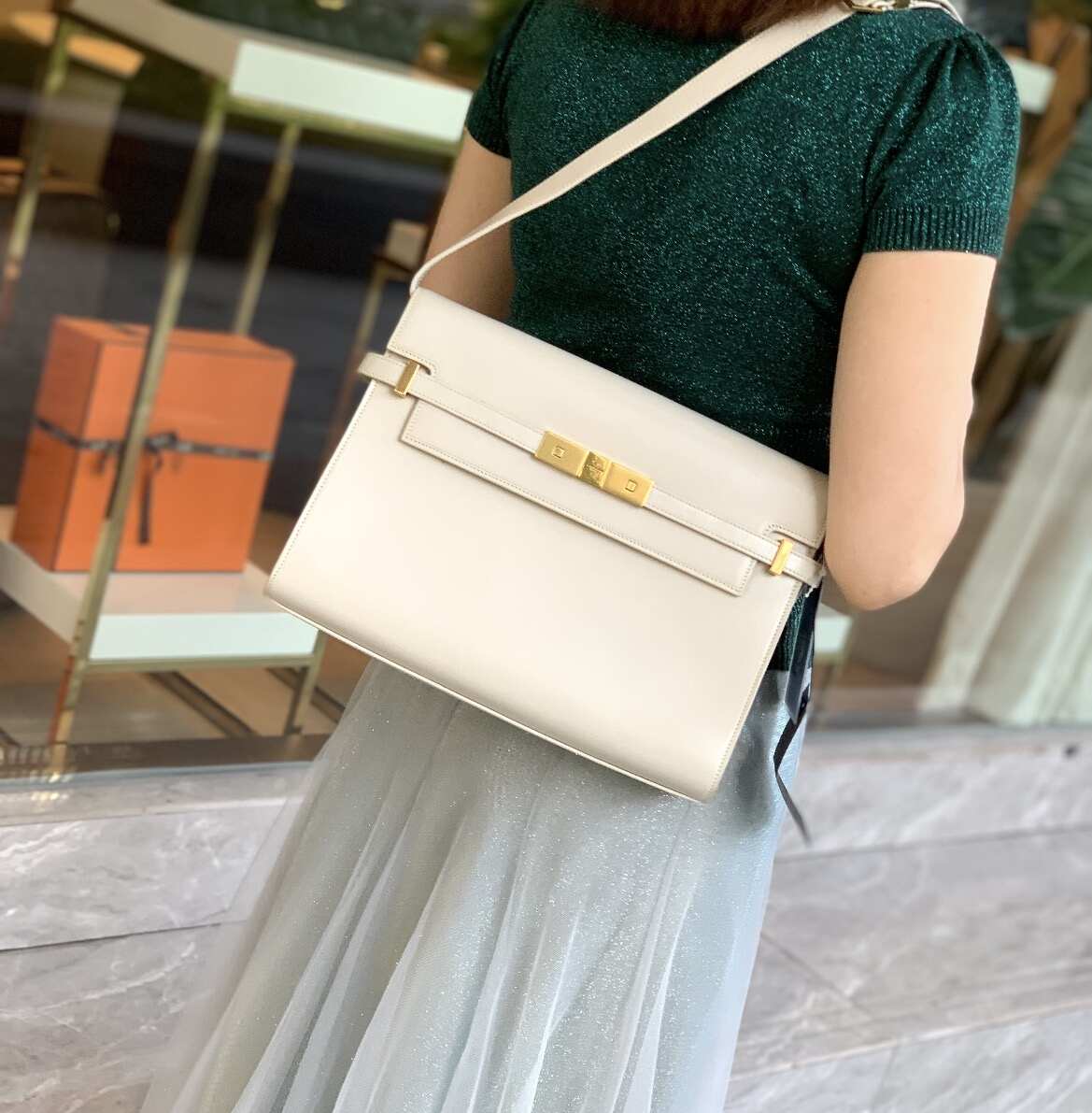 YSL Medium Manhattan Shoulder Bag in White Smooth Calfskin, Gold-Tone Hardware