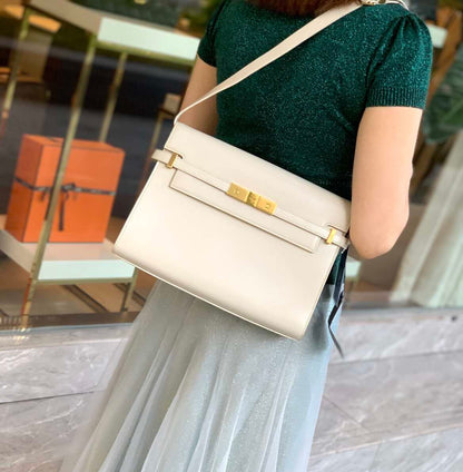 YSL Medium Manhattan Shoulder Bag in White Smooth Calfskin, Gold-Tone Hardware