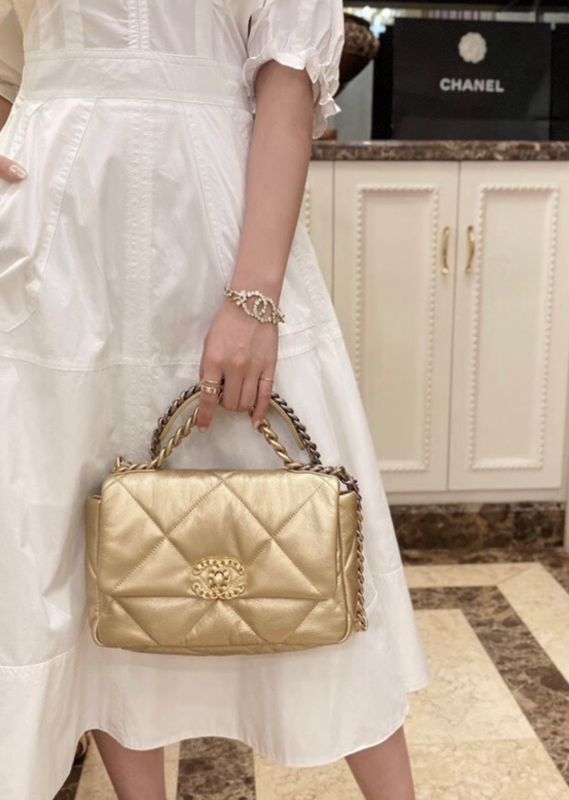 Chanel Small 19 Flap Bag, Metallic Goatskin, Mixed Gold/Silver Tone Hardware