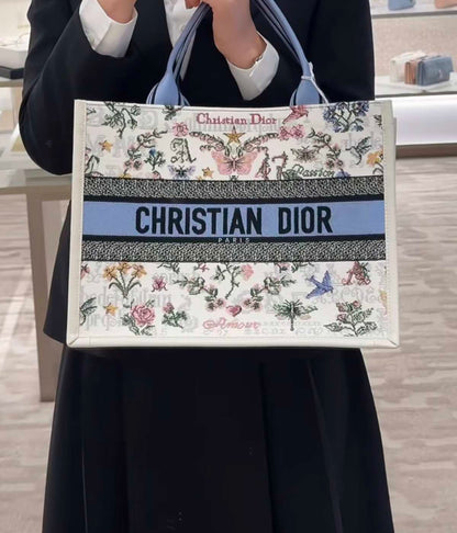 Dior Medium Book Tote, Multicolor Floral Embroidery Jacquard Canvas