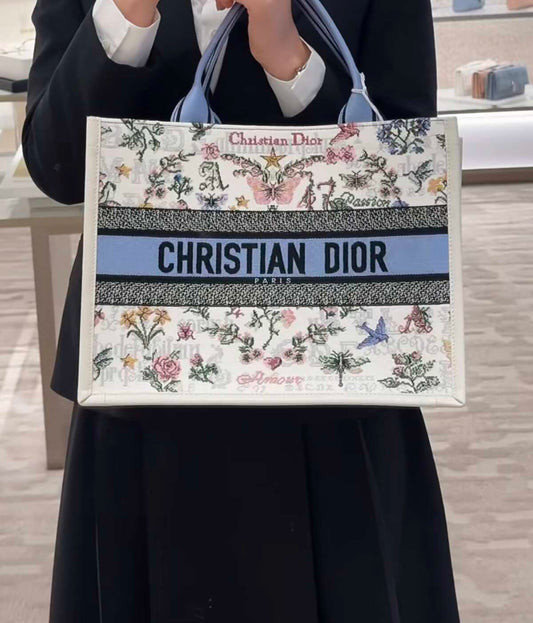 Dior Medium Book Tote, Multicolor Floral Embroidery Jacquard Canvas