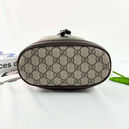 Gucci Ophidia Mini Bucket Crossbody Bag, GG Supreme Coated Canvas & Brown Leather Trim, Web Stripe Detail, Drawstring Closure with Detachable Shoulder Strap