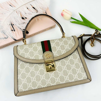 Gucci Ophidia Small Satchel Bag, GG Supreme Canvas with Web Stripe & Leather Trim