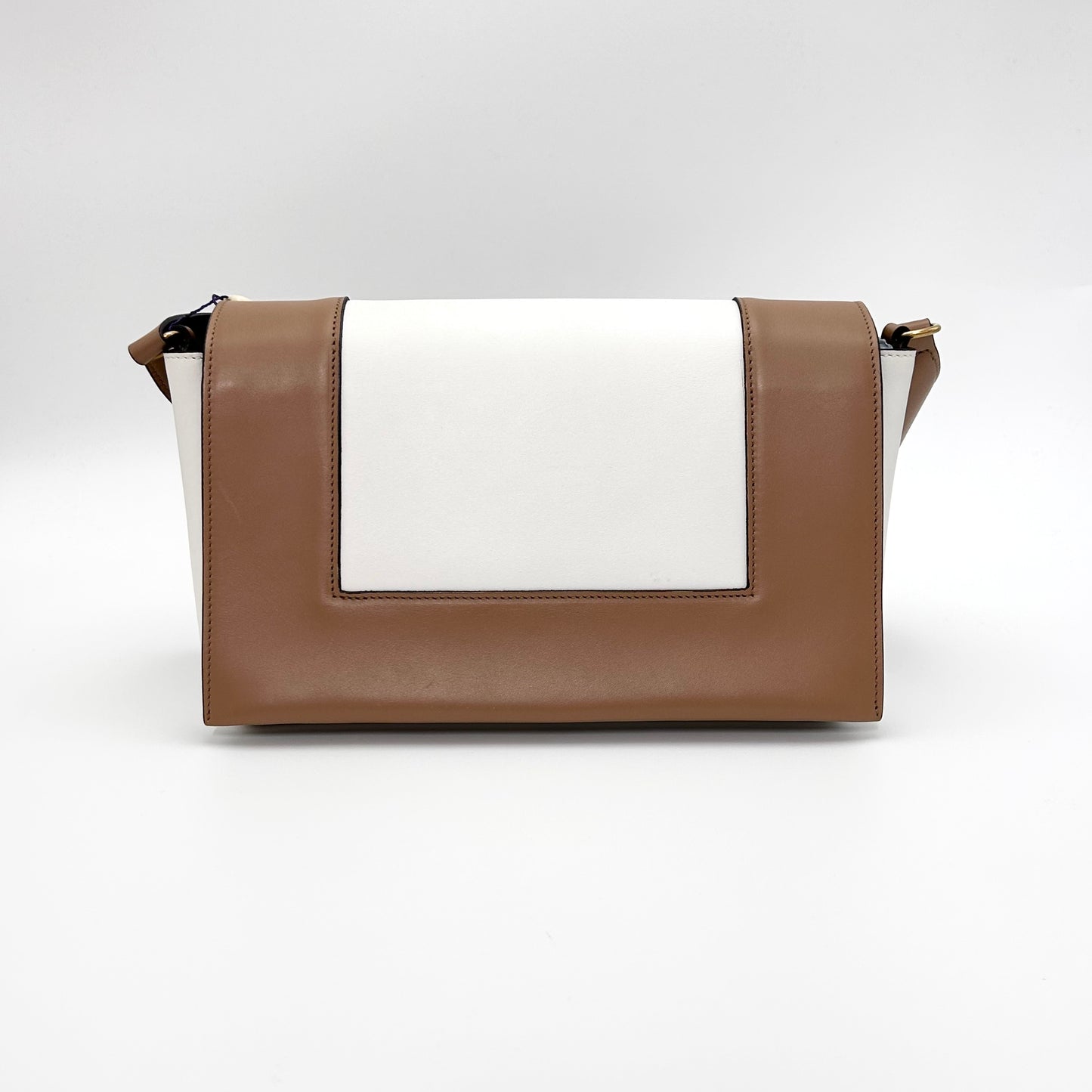 Celine Frame Shoulder Bag, Brown & White Smooth Calfskin, Gold-tone Clasp Hardware with Wide Leather Strap