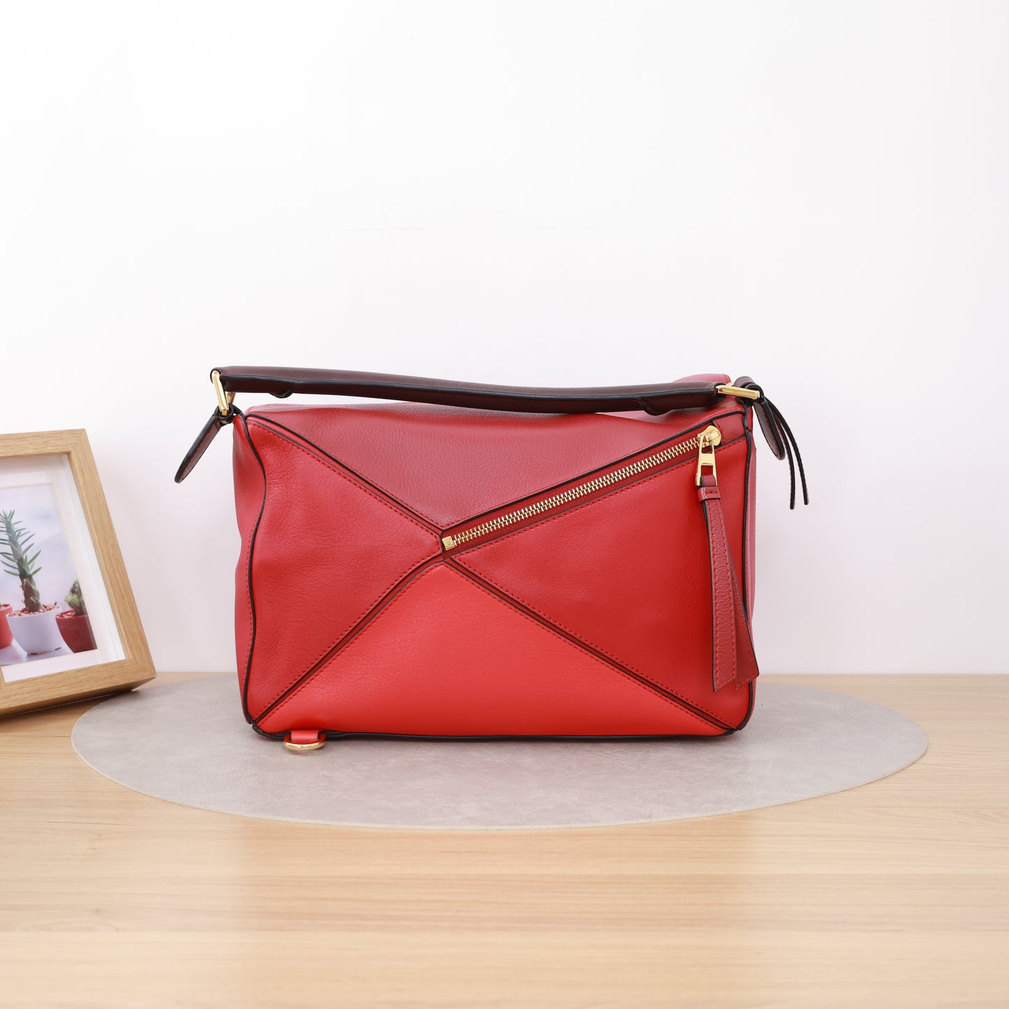 Loewe Medium Puzzle Edge Bag, Two-tone Red & Dark Brown Calfskin, Gold-tone Hardware, Top Handle with Detachable Crossbody Strap