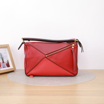 Loewe Medium Puzzle Edge Bag, Two-tone Red & Dark Brown Calfskin, Gold-tone Hardware, Top Handle with Detachable Crossbody Strap