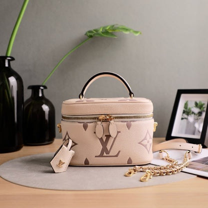 Louis Vuitton Mini Vanity Case, Giant Monogram Empreinte Leather, Cream Dune, Top Handle with Detachable Chain & Leather Crossbody Strap