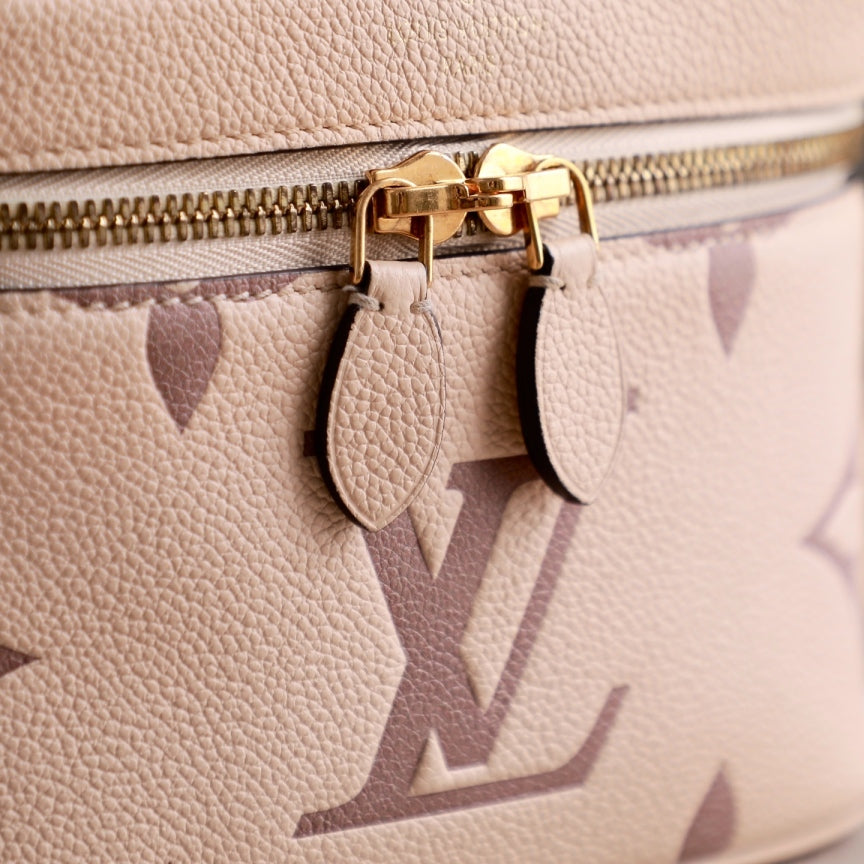 Louis Vuitton Mini Vanity Case, Giant Monogram Empreinte Leather, Cream Dune, Top Handle with Detachable Chain & Leather Crossbody Strap