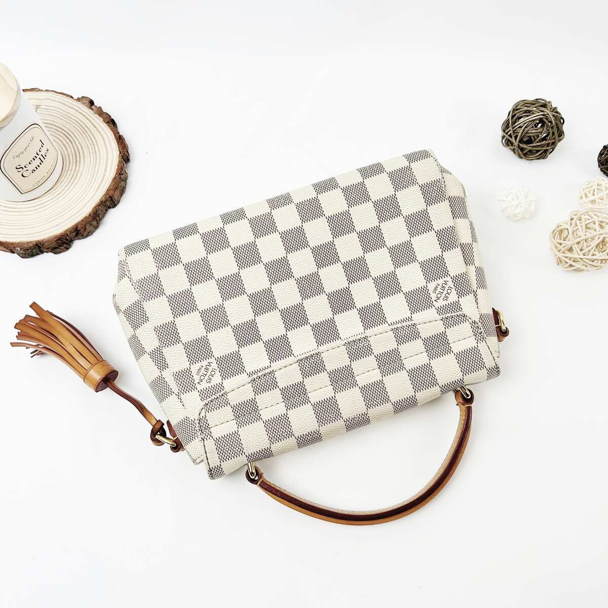 Louis Vuitton Croisette, Damier Azur Canvas, Natural Cowhide Trim with Tassel, Gold-tone Hardware