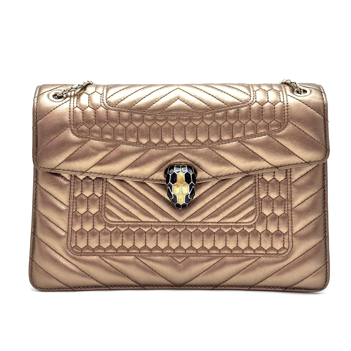 Bvlgari Medium Serpenti Forever Shoulder Bag, Metallic Gold Chevron Quilted Calfskin, Limited Edition Enamel Snake Head Clasp