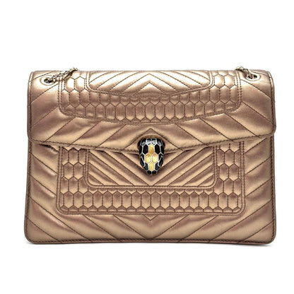 Bvlgari Medium Serpenti Forever Shoulder Bag, Metallic Gold Chevron Quilted Calfskin, Limited Edition Enamel Snake Head Clasp
