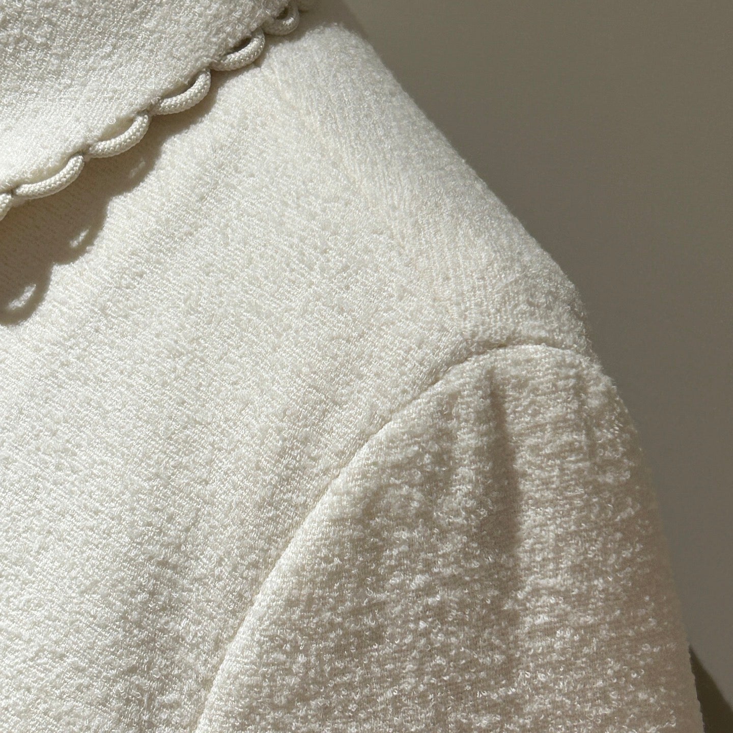 Dior White Wool Tweed Two-Piece Set, Lace Trim Jacket & Mini Skirt with Black Bow & Button Details