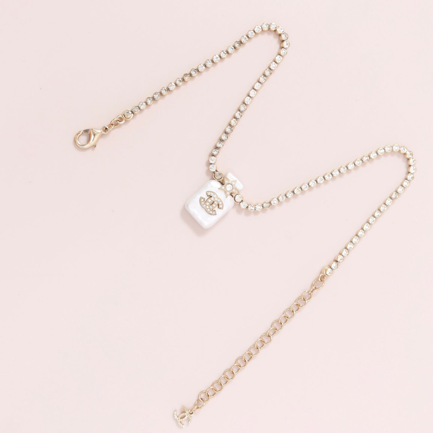 Chanel Perfume Bottle Pendant Necklace, Crystal & Imitation Pearl, Gold-tone Metal Setting