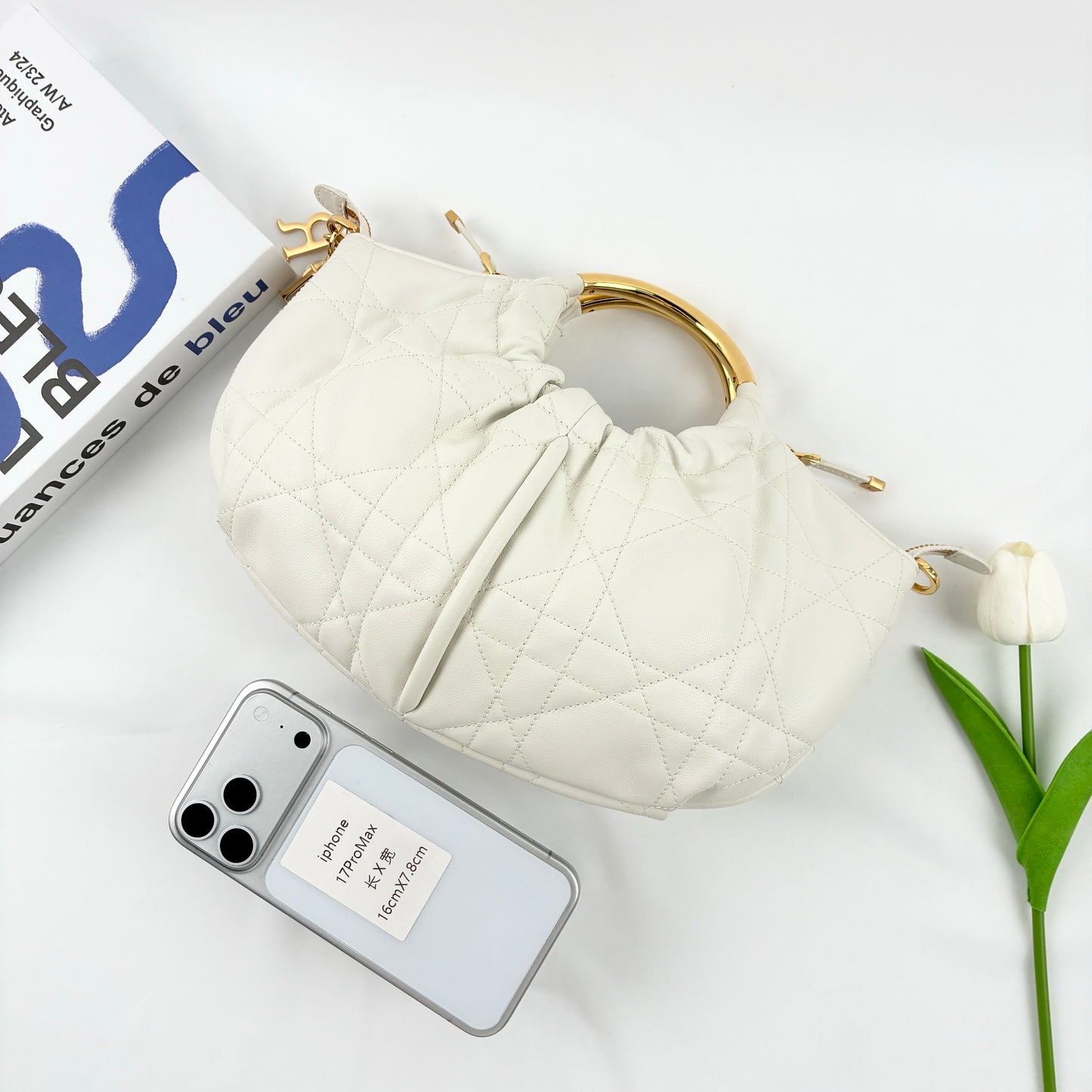 Dior Medium DiorDream Hobo Bag, White Quilted Cannage Suede, Gold Metal Handle Hardware
