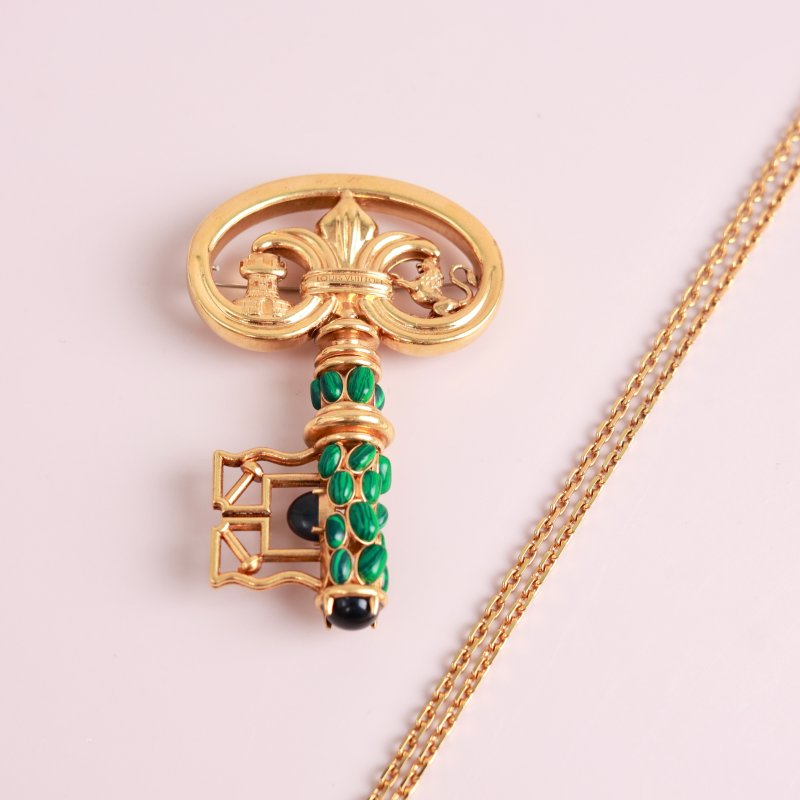 Louis Vuitton × Fornasetti Limited Edition Antique Key Convertible Brooch & Pendant Necklace, Gold Metal with Malachite Inlay, Ancient Greek Motif