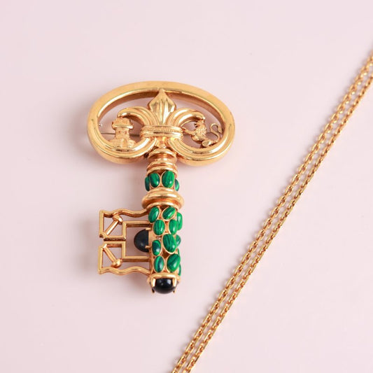 Louis Vuitton × Fornasetti Limited Edition Antique Key Convertible Brooch & Pendant Necklace, Gold Metal with Malachite Inlay, Ancient Greek Motif