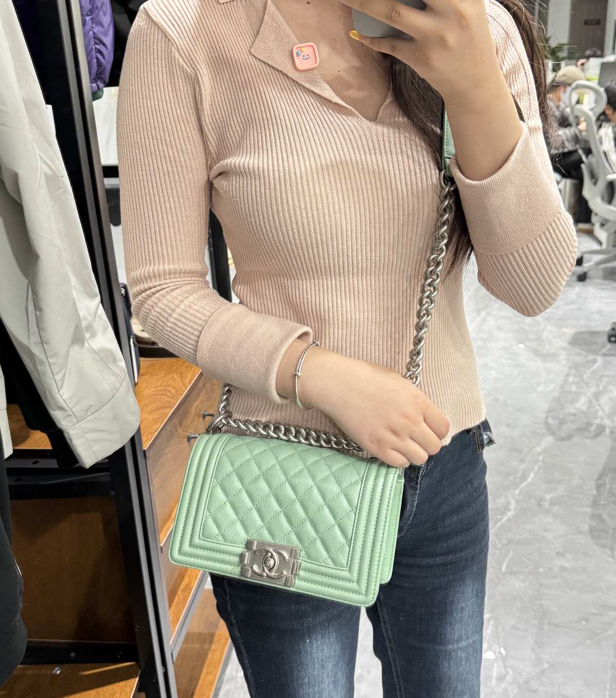 Chanel Small Boy Handbag, 23P Collection, Mint Green Caviar Calfskin, Ruthenium Silver Hardware