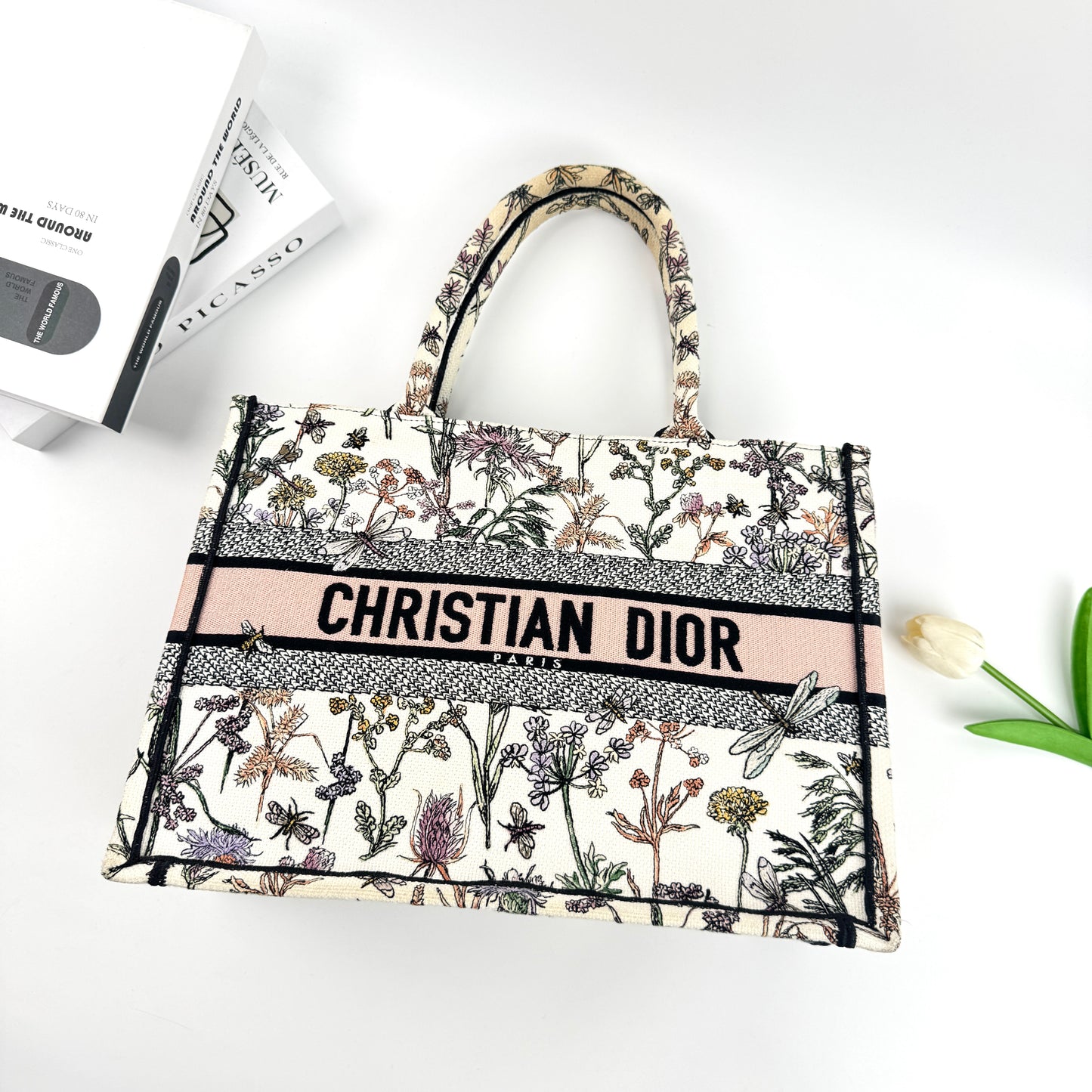 Dior Medium Book Tote Bag, Wildflower Dragonfly Embroidery Canvas
