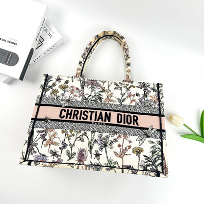 Dior Medium Book Tote Bag, Wildflower Dragonfly Embroidery Canvas