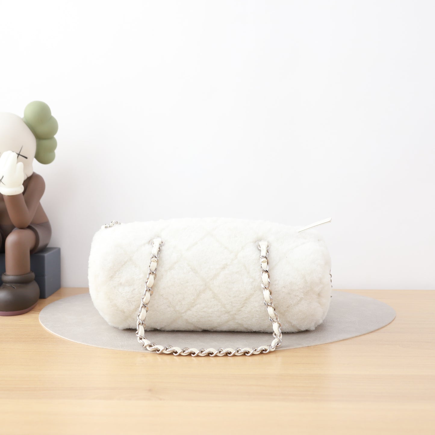 Chanel Coco Neige Bowling Bag, 23N Collection, White Shearling Fur, Silver-tone Interlocking CC Hardware with Chain Strap
