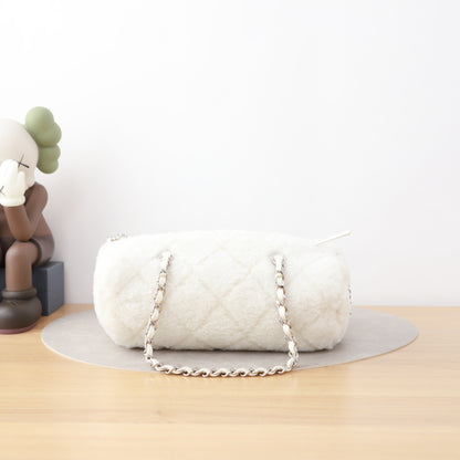 Chanel Coco Neige Bowling Bag, 23N Collection, White Shearling Fur, Silver-tone Interlocking CC Hardware with Chain Strap