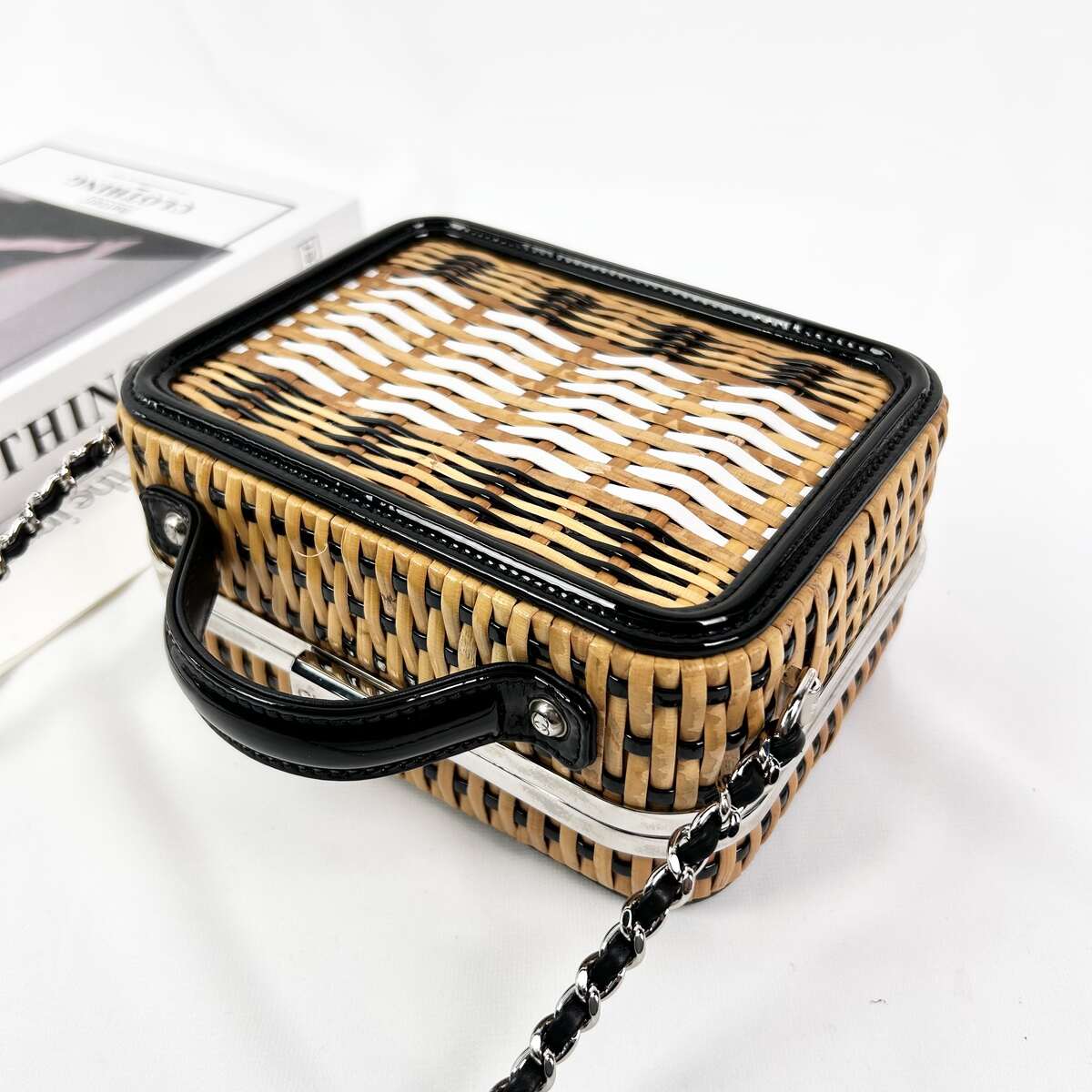 Chanel Small Vanity Case Camera Bag, 19S Cruise Collection, Raphia & Patent Calfskin, Silver-tone Metal Hardware